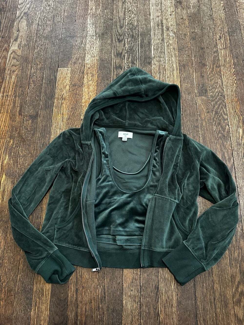 Y2K Style Aerie Velour Zip-Up Hoodie and Tank Top Set Size M Emerald Green